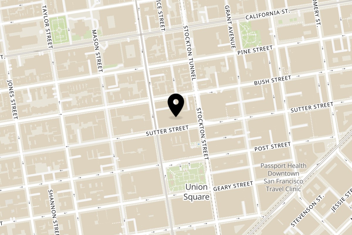 Map showing the location of Sutter Street Cafe on 450 Sutter St in San Francisco